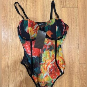 Floral Mesh Tropical Body Suit Brand New With Tags Size Small Black And Tropical